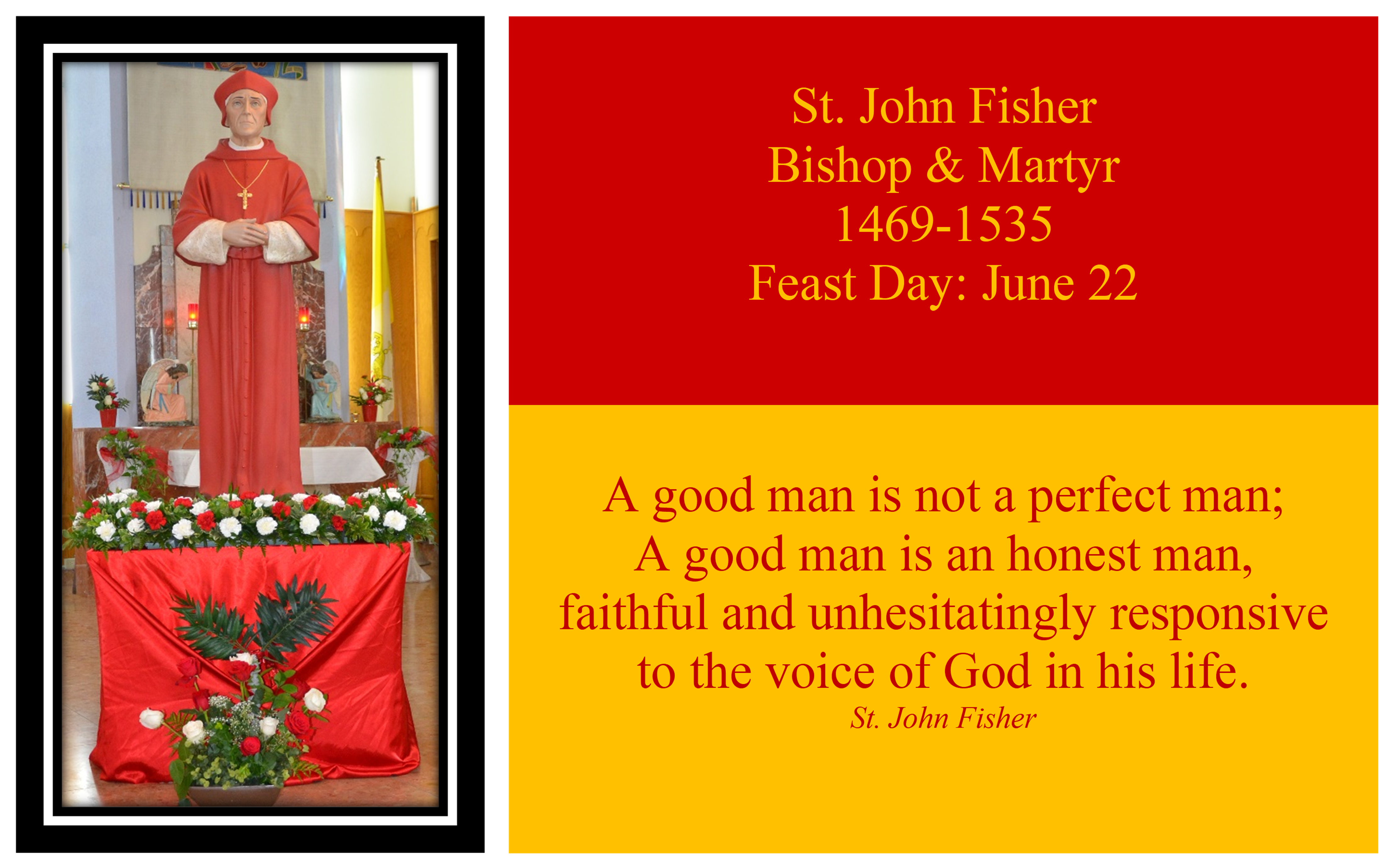 picture of statue of St. John Fisher, quote from the saint and his anniversary dates