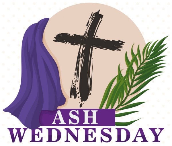 cross, purple cloth, palms and words ash wednesday