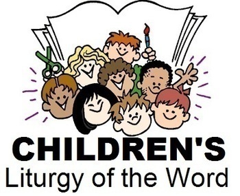 words children's liturgy of the word and drawings of children's faces around these words