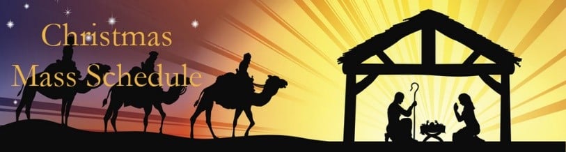 image of camels, wise men and bethlehem with words christmas mass schedule