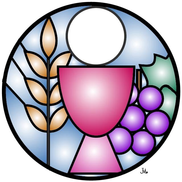 colour drawing of chalice, host, grapes and wheat