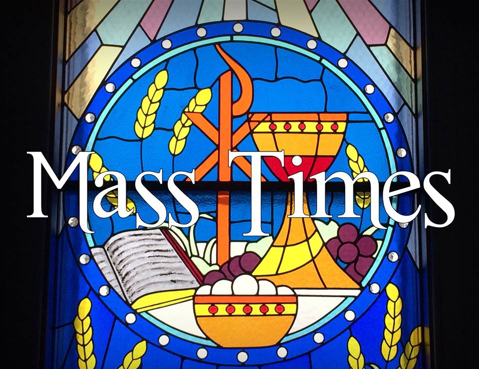 stained glass window of chalice, grapes, bread, wheat, cross, bible and words Mass Times