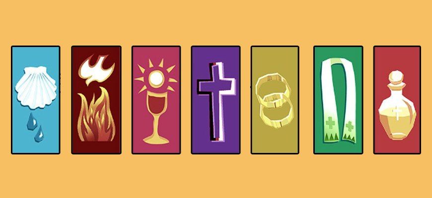 symbols of the sacrament, baptism, first communion, confirmation, holy orders, marriage, annointing