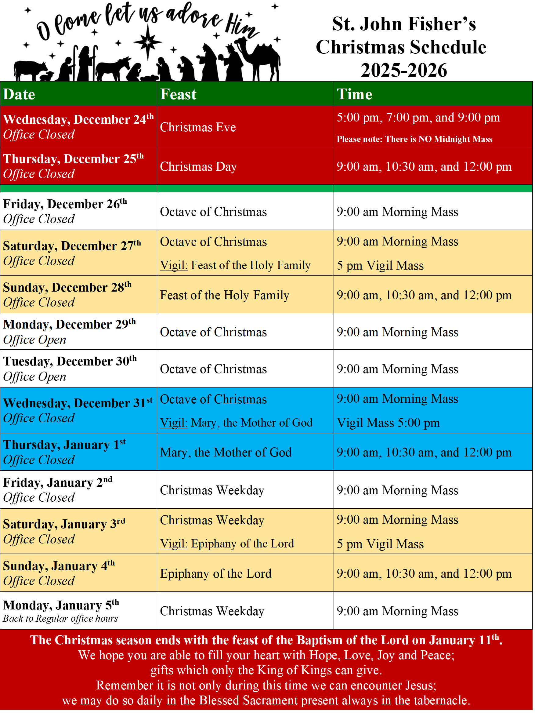 sfj christmas schedule 2025 2026