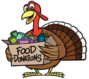 cartoon turkey holding a sign reading food donations