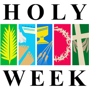 words Holy Week with images of palm leaves, feet being washed, chalice and wheat, crown of thorns and cross