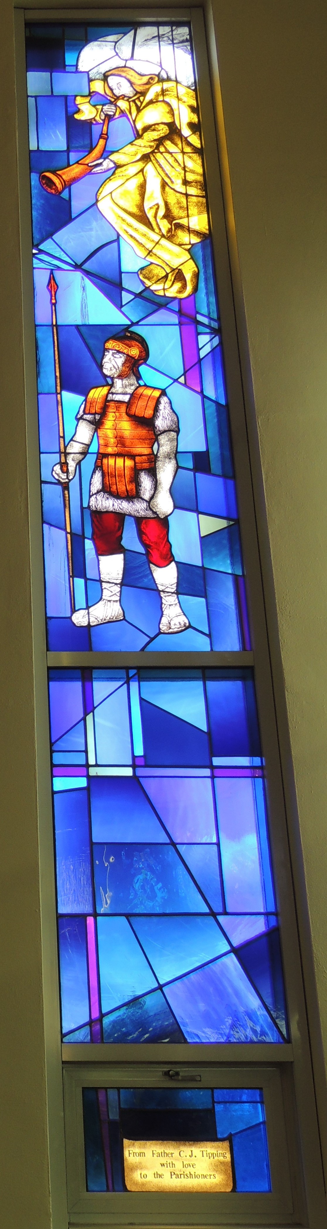 Angel with trumpet and soldier - stained glass window