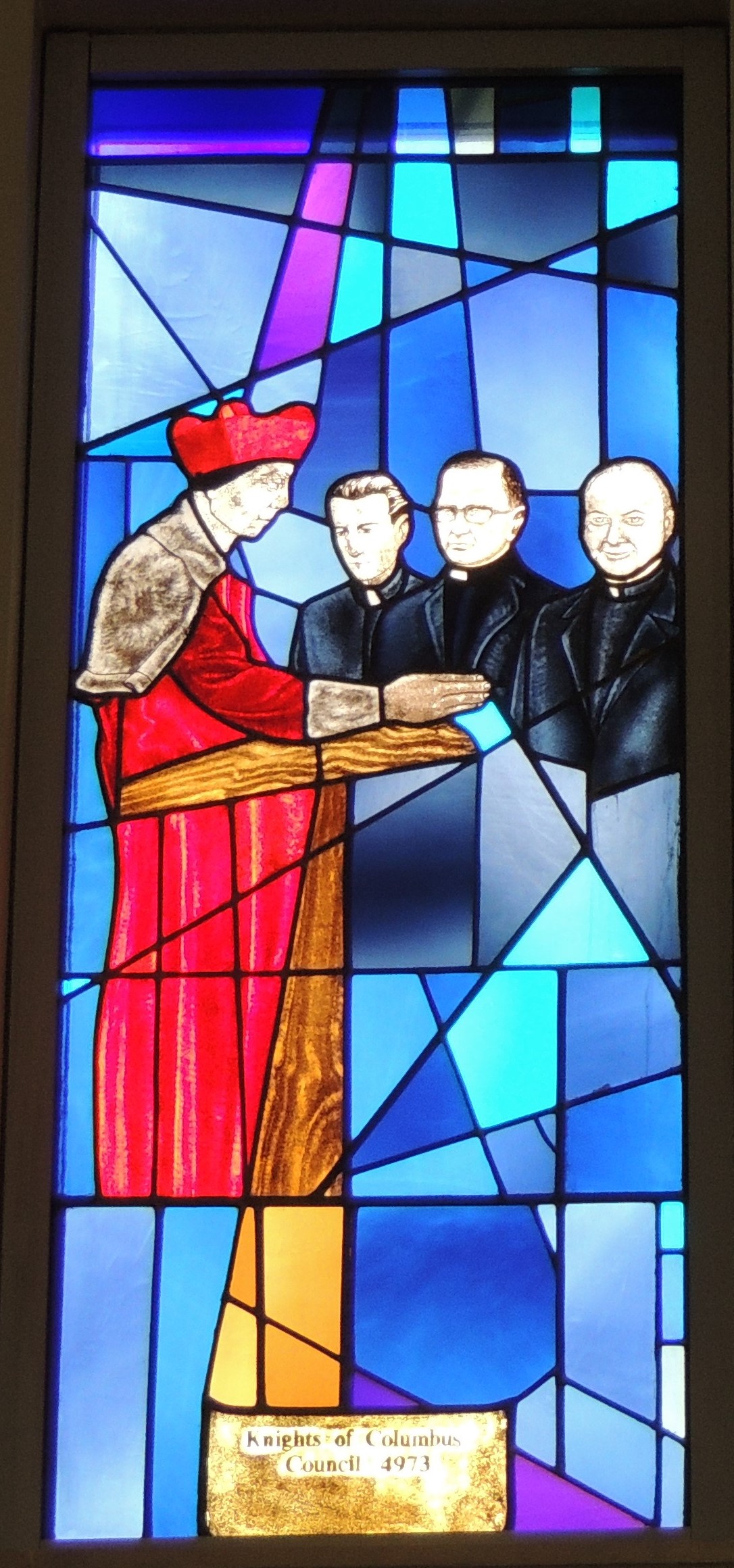 Cardinal McGuigan Fr Platt Fr Kokins Fr Tipping - stained glass window